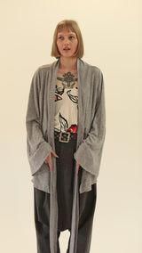 Grey Bell Sleeve Wrap Kimono Cardigan