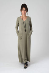 V Neck Dress, Green Maxi Dress, Kurta Dress, Women&#39;s Oversize Maxi Dress, Loose Khaki Dress, Long sleeve Dress, Summer Dress, Spring Fashion