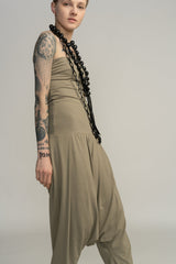 Almond Green Boho Harem Jumpsuit, Pleated Strapless Jumpsuit, Women's Casual Tribal Drop Crotch Romper, Sexy Lycra Summer Jumper