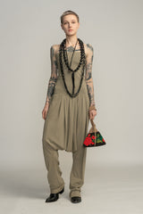 Almond Green Boho Harem Jumpsuit, Pleated Strapless Jumpsuit, Women's Casual Tribal Drop Crotch Romper, Sexy Lycra Summer Jumper
