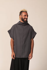 Dark Grey Loose Batwing Top, Mock Turtleneck Top, Mens Summer Shirts, Loose Fit Top, Modern Oversized Top, Summer Cotton Shirts