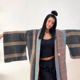 Oversized Haori coat, Kimono Jacket, Orange Unisex Winter Coat, Grey Long Kimono, Reversible Kimono, Burning Man women, Up Cycled clothing