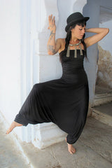 Black Harem Jumpsuit, Woman's Bohemian Strapless Jumpsuit, Women's Tribal Romper, Jumpsuits For Women, Long Strapless Woman Romper