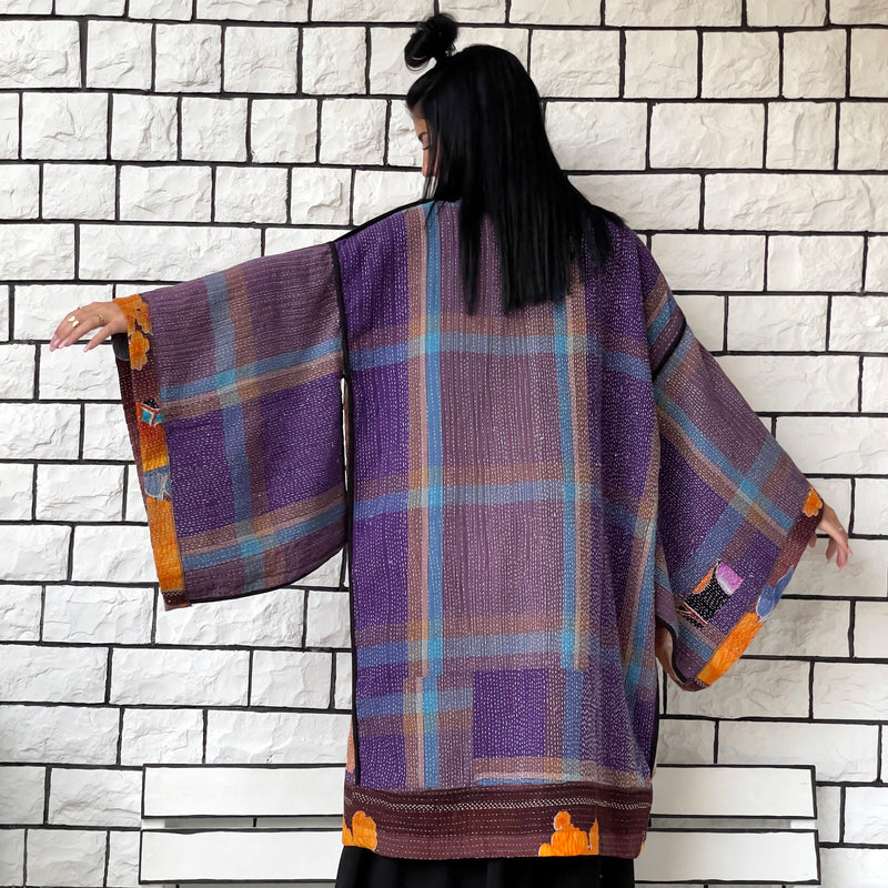 Kimono Jacket, Oversized Haori , Orange Unisex Winter Coat, Purple Long Kimono, Reversible Kimono, Burning Man women, Up Cycled clothing