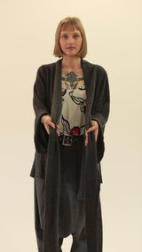 Dark Grey Bell Sleeve Wrap Kimono Cardigan
