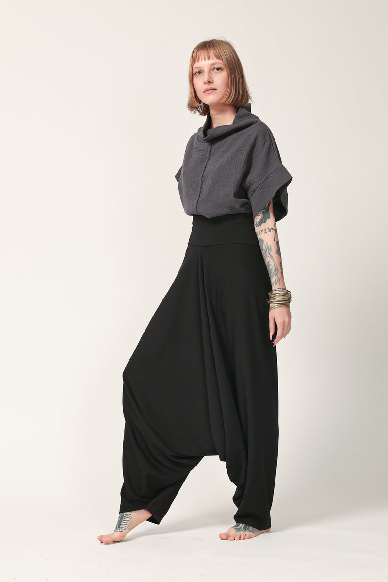 Unisex black cotton saroual, elasticated waist and ankle, Exception Layto