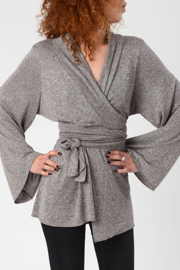 Boho Japanese Kimono, Light Gray Kimono, Long Sleeve Cardigan, Asymmetrical Top, Women&#39;s Kimono Top, Bell Sleeves Kimono Wrap Top