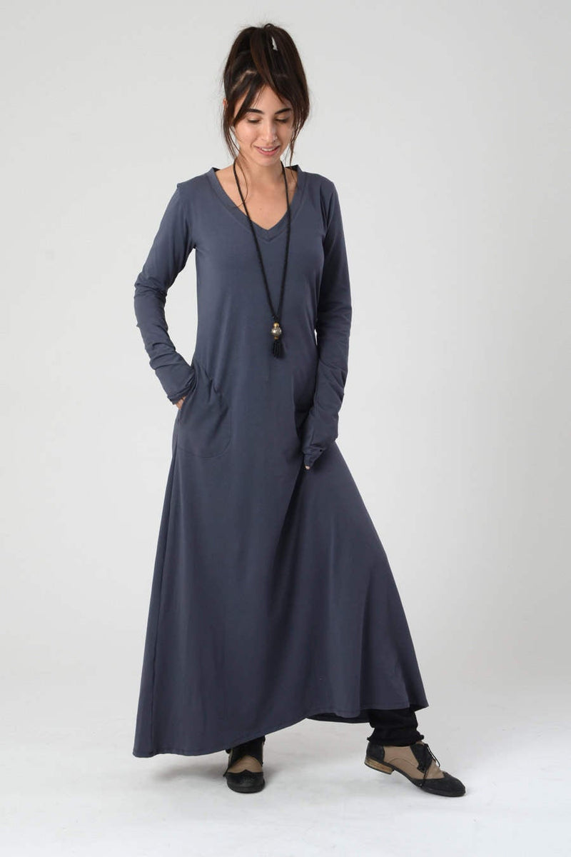 V Neck Maxi Dress, Blue Jersey Dress, Spring Loose Women's Long Sleeve Dress, Blue Gray Casual Boho Dress with Pockets