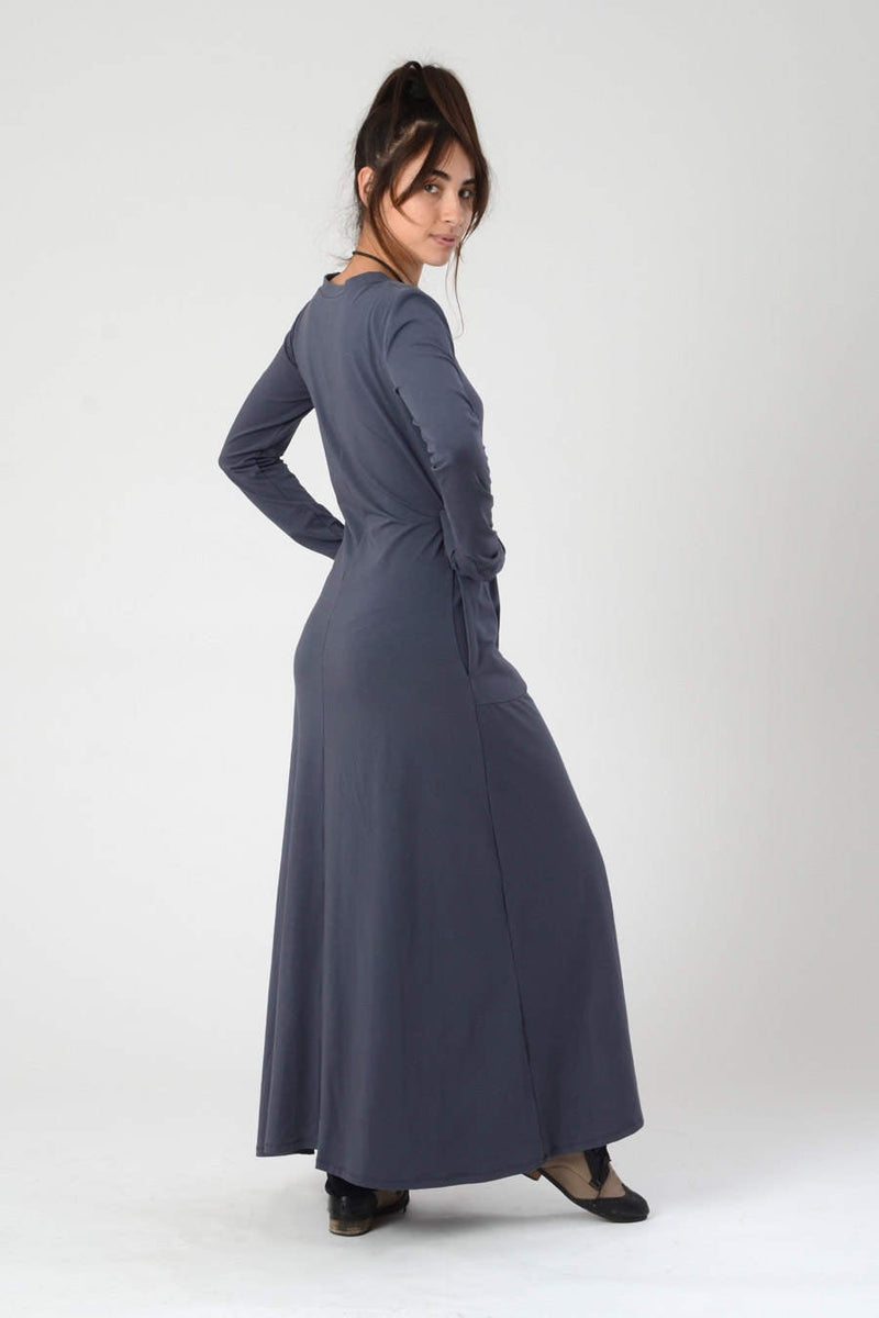 V Neck Maxi Dress, Blue Jersey Dress, Spring Loose Women's Long Sleeve Dress, Blue Gray Casual Boho Dress with Pockets