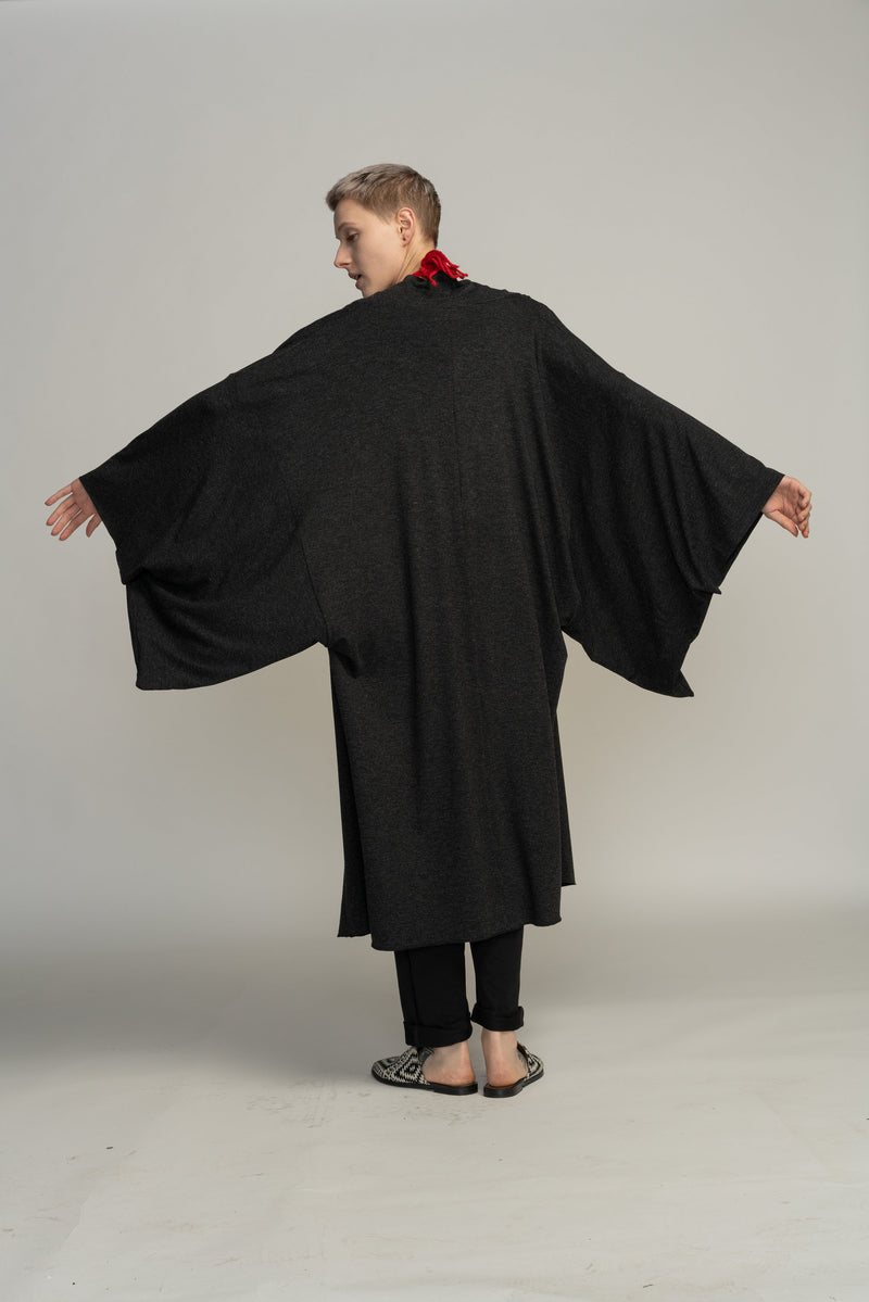 Japanese Haori Jacket, Kimono Oversize Cardigan, Grey Urban Casual to Evening Bohemian Black Cape Cover Up