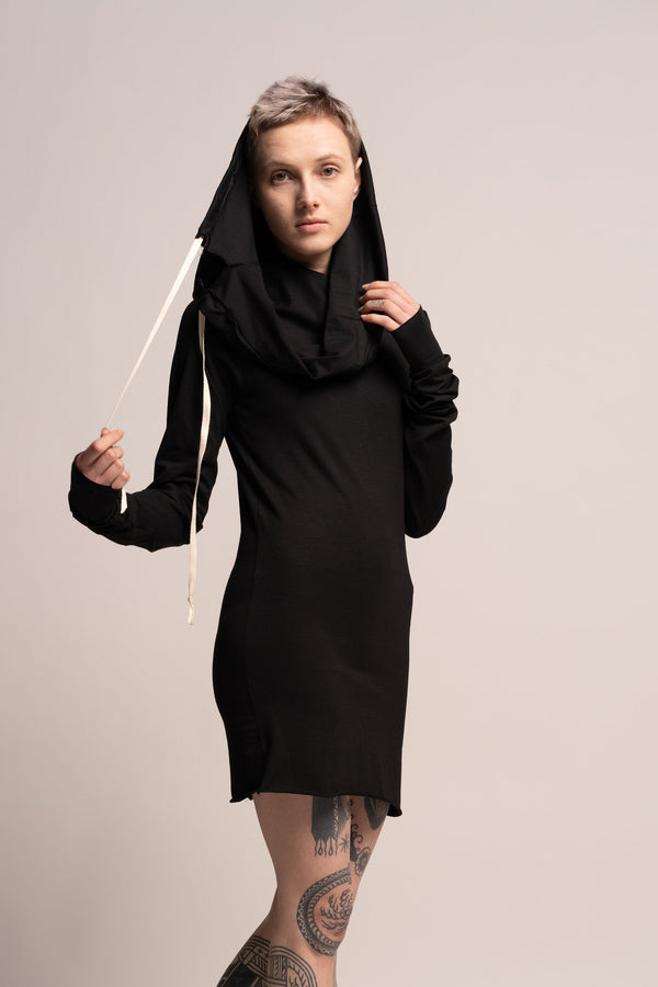 Black Urban Dress, Black Mini Dress, Urban Clothing, Women&#39;s Hoodie Dress, Long Sleeve Dress ,Pencil Dress, Hoodie Dress, Black Clothing