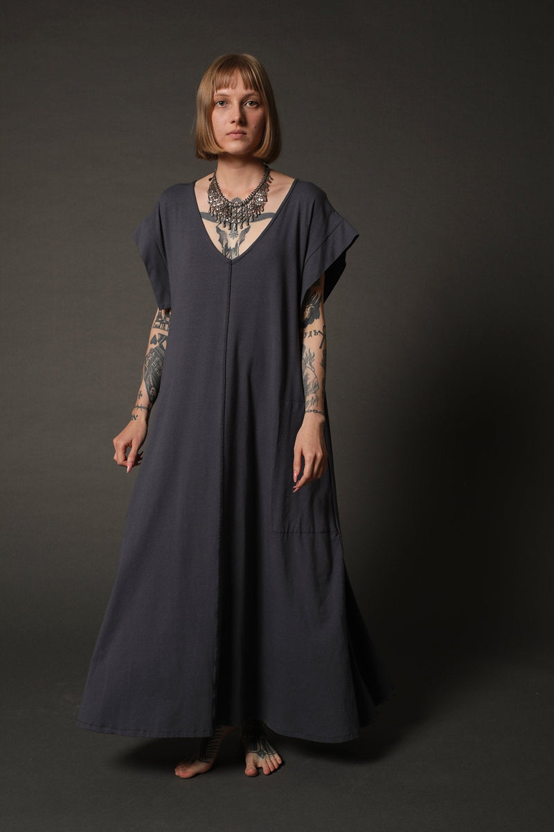 Blue Oversized Maxi Kaftan Dress with Pockets
