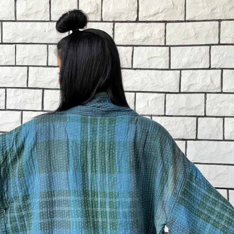 Blue Haori Coat, Kimono Jacket, Oversized Kimono, Green Unisex Winter Kimono Jacket, One of a kind Kimono, Reversible Kimono, Burning Man