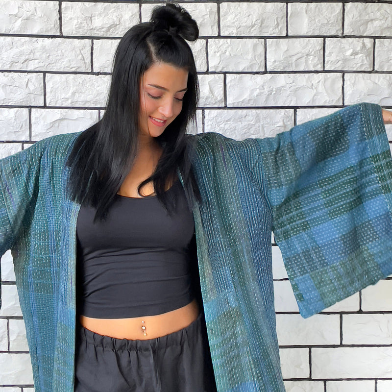 Blue Haori Coat, Kimono Jacket, Oversized Kimono, Green Unisex Winter Kimono Jacket, One of a kind Kimono, Reversible Kimono, Burning Man