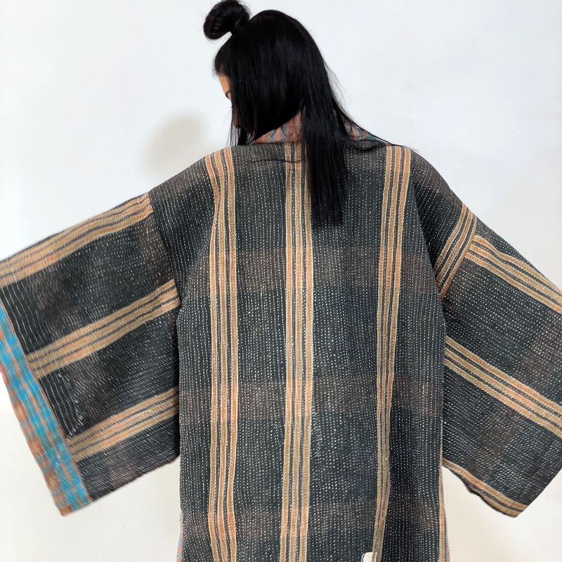 Oversized Haori coat, Kimono Jacket, Orange Unisex Winter Coat, Grey Long Kimono, Reversible Kimono, Burning Man women, Up Cycled clothing
