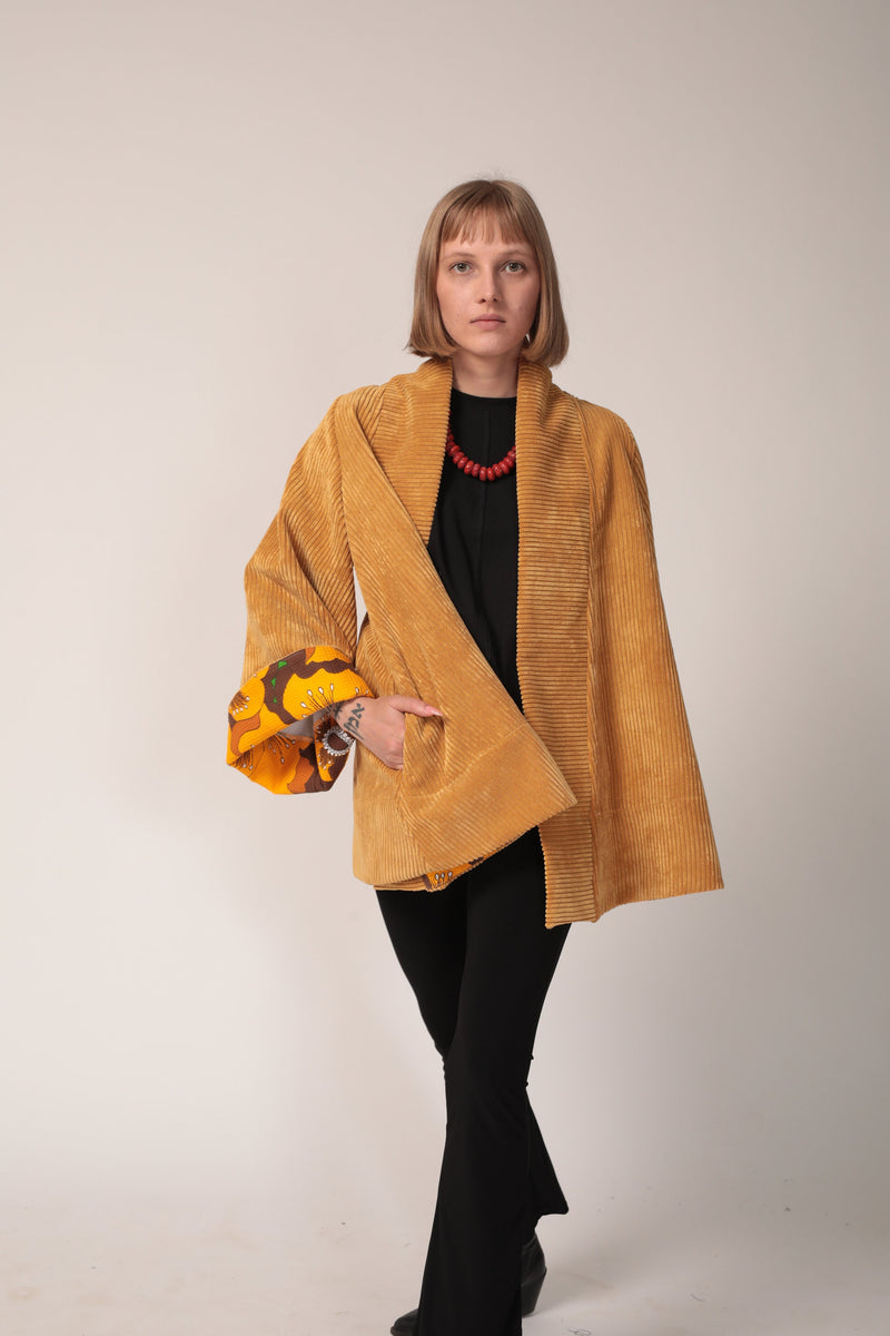 Corduroy cape coat, A-Line mustard jacket, Kimono Jacket, Flare Sleeves coat, Women's corduroy coat, Mustard Cotton cape coat, Winter Coat